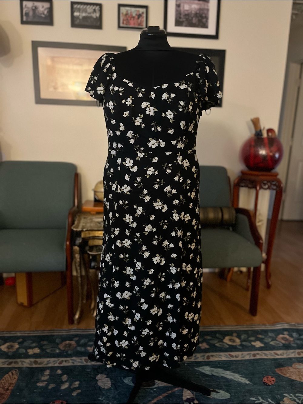Old Navy Black Floral Maxi Dress with White Blossom Print